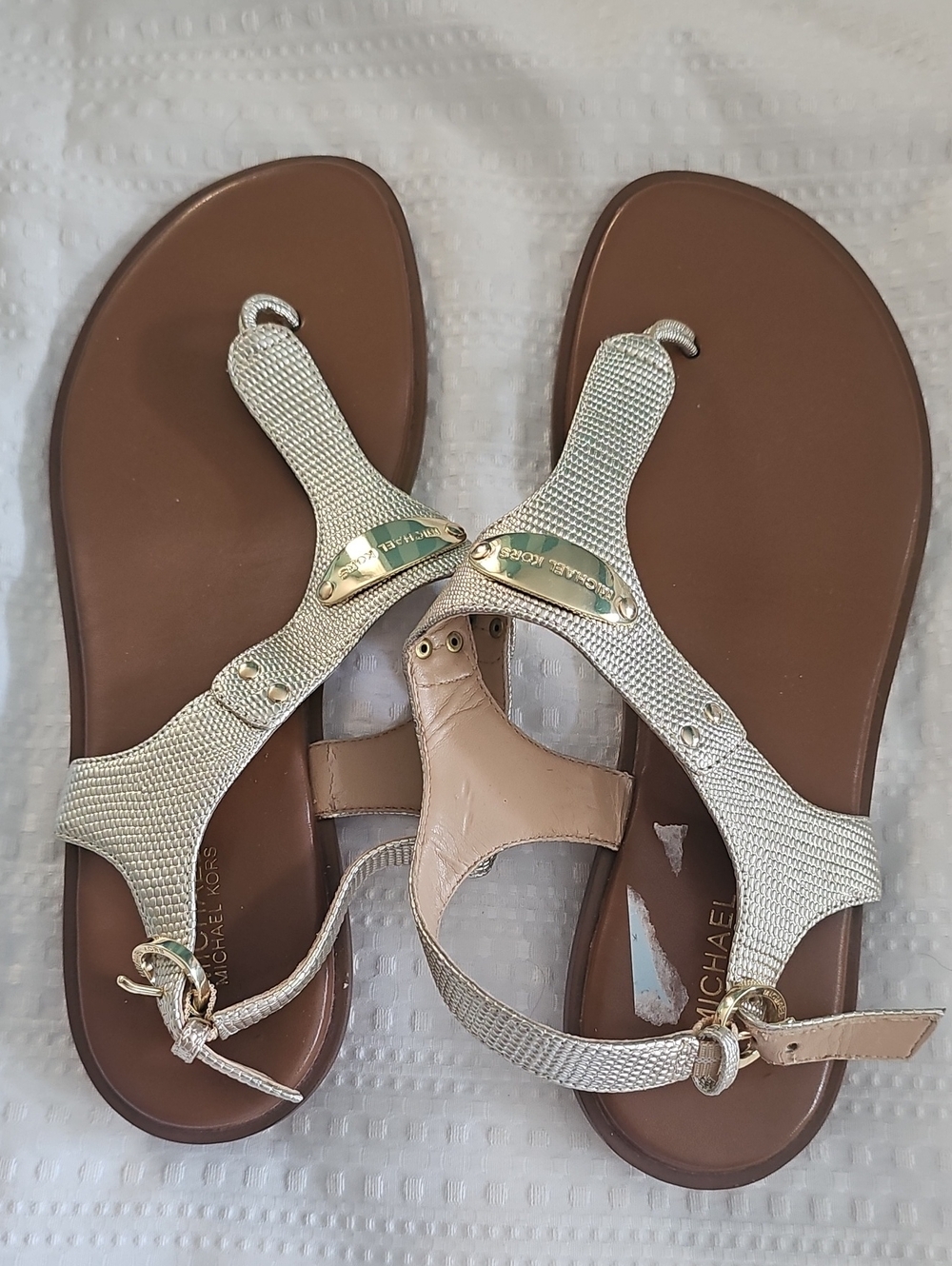Michael Kors Gold and Brown Leather T-Strap Sandals